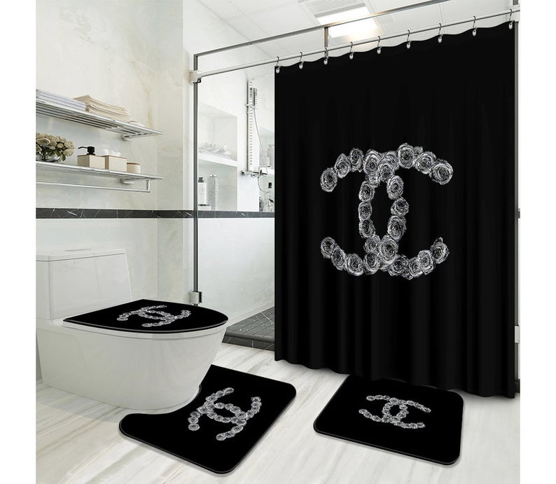 Chanel Black And White Shower Curtain Waterproof Luxury Bathroom Set