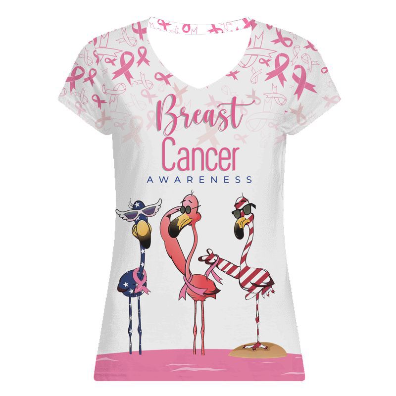 Breast Cancer Awareness Flamingos Women V-Neck 3D Shirt