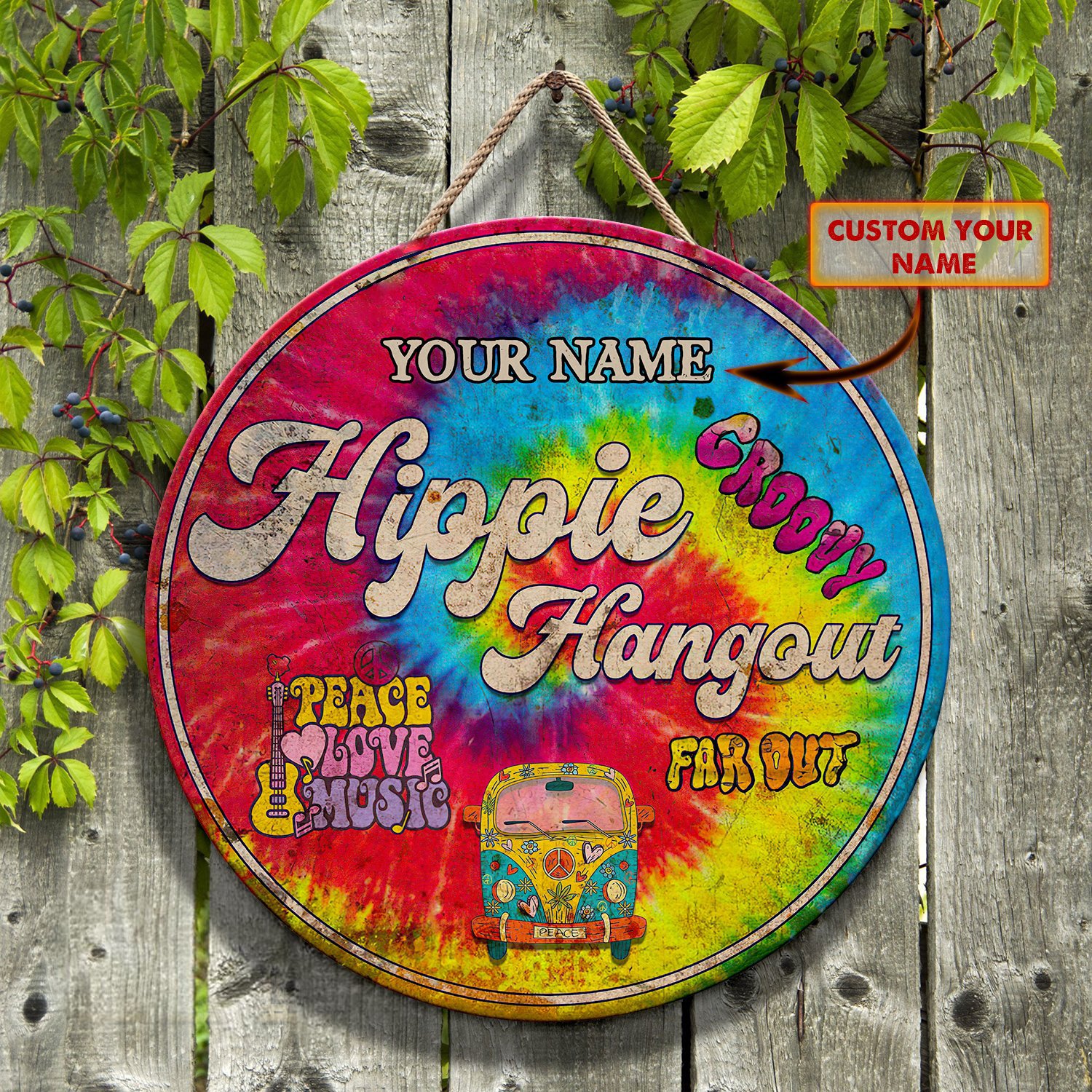 Hippie hangout peace love music far out custom name wooden sign