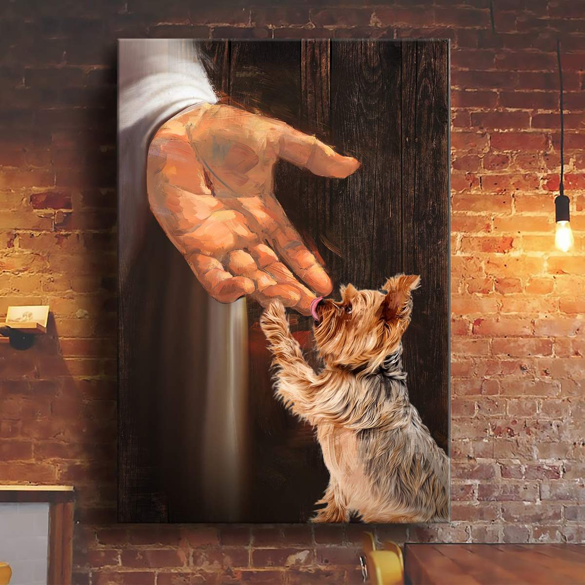 Jesus Yorkshire Terrier in the hand of god canvas print