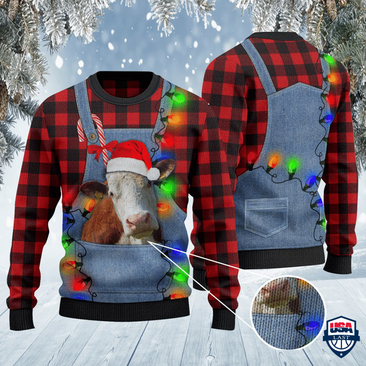 Hereford Cattle Lovers Red Plaid Shirt And Denim Bib Overalls All Over Print Sweater