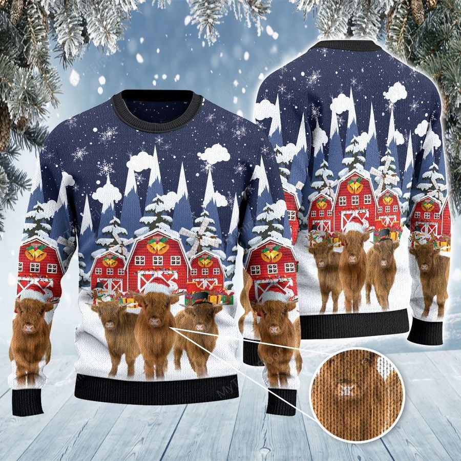 Highland Cattle Lovers Snow Farm All Over Print Ugly Sweater