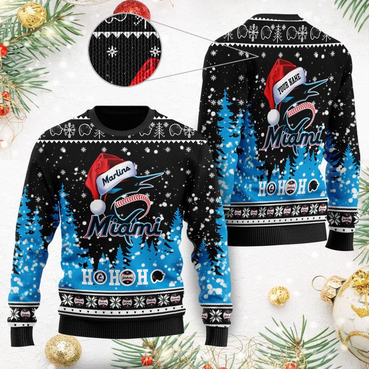 Miami Marlins Santa Claus Hat Ho Ho Ho 3D Custom Name Ugly Christmas Sweater