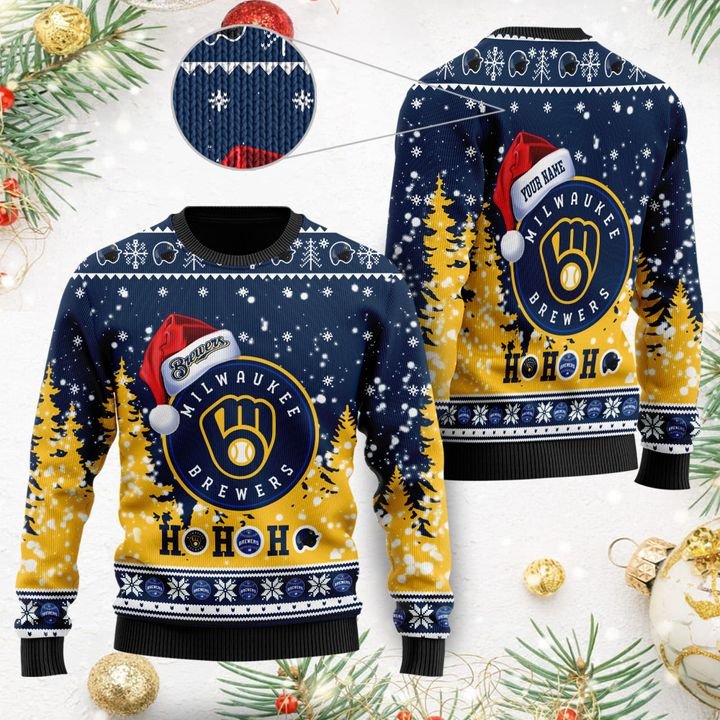 Milwaukee Brewers Santa Claus Hat Ho Ho Ho 3D Custom Name Ugly Christmas Sweater