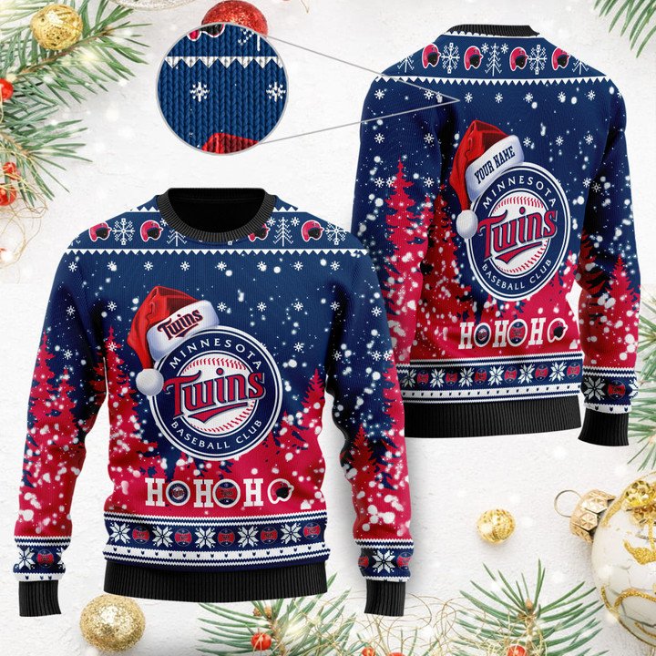 Minnesota Twins Santa Claus Hat Ho Ho Ho 3D Custom Name Ugly Christmas Sweater