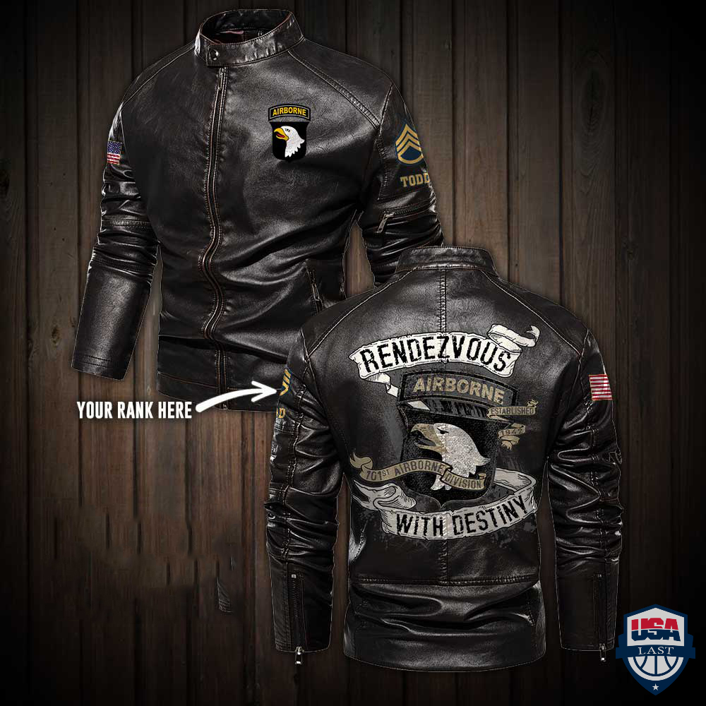 101st Airborne Division Rendezvous with Destiny Button Collar Leather Jacket