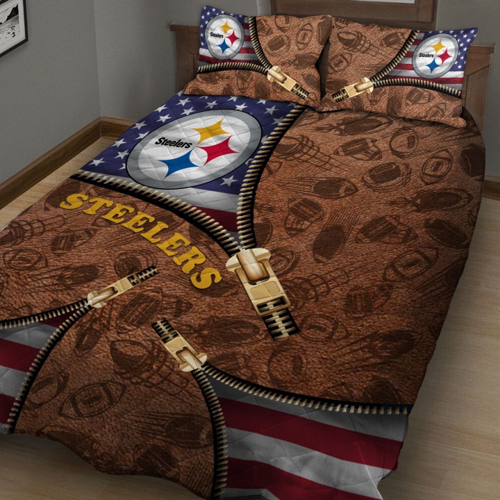 Pittsburgh Steelers NFL American Flag Leather Pattern Bedding Set