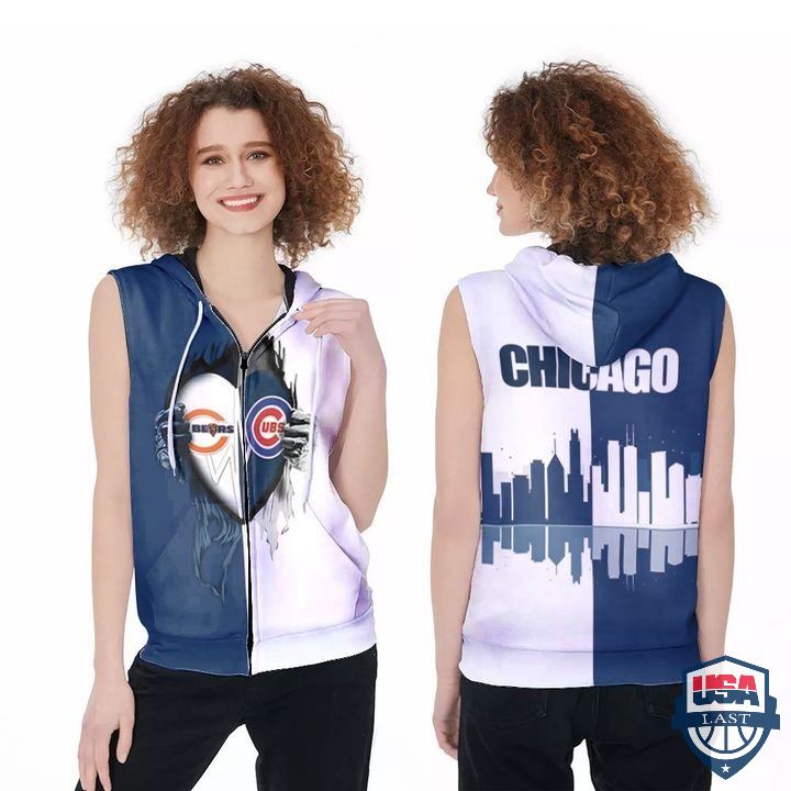 Chicago Bears And Chicago Cubs Heartbeat Love Ripped Sleeveless Zip Hoodie