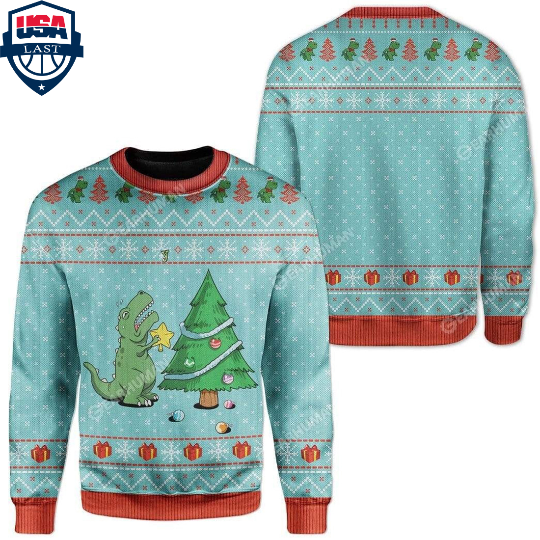 Dinosaur christmas tree ugly sweater