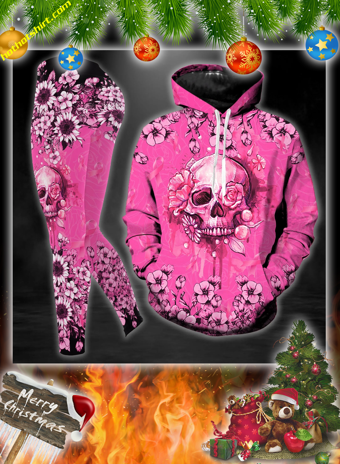 Skull breast cancer warrior 3d hoodie, legging and hollow tank top