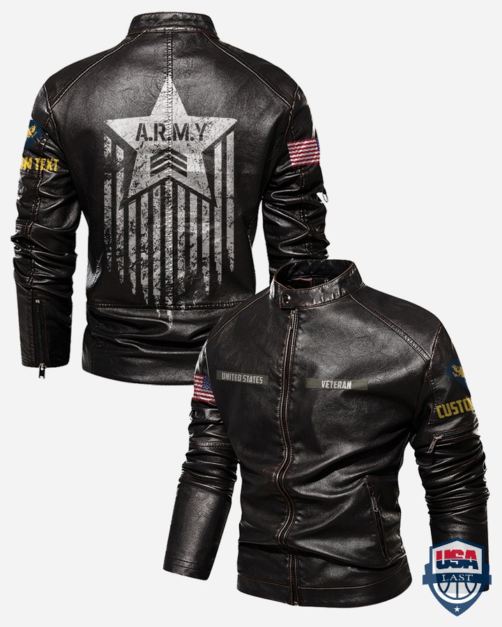US Army Veteran Stand Collar Leather Jacket