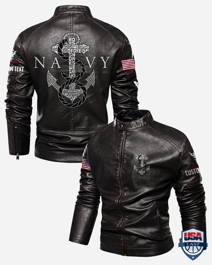 US Navy Anchor Custom Stand Collar Leather Jacket