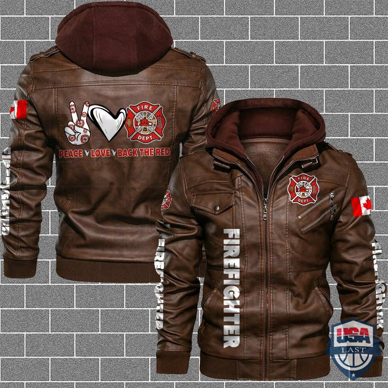 Firefighter Peace Love Back The Red Canadian Flag Leather Jacket