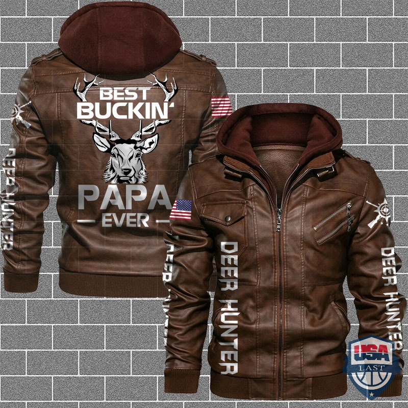Deer Hunter Best Buckin Papa Ever US Flag Leather Jacket