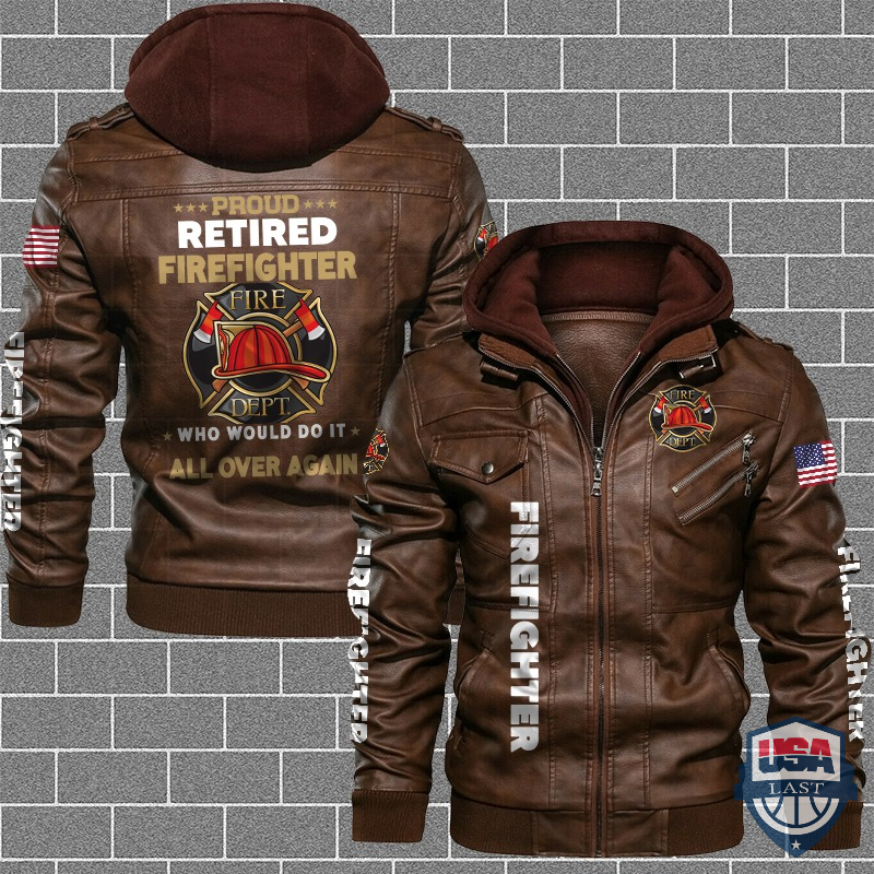 Proud Retired Firefighter US Flag Leather Jacket