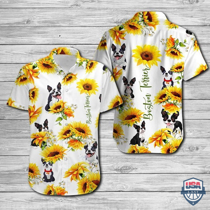 Boston Terrier Sunflower Hawaiian Shirt