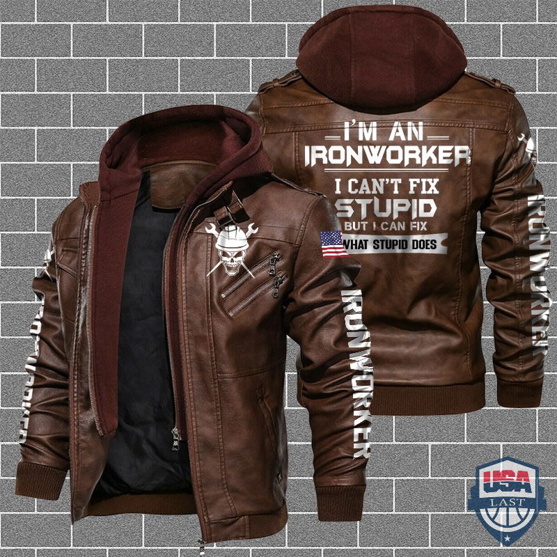 Ironworker Fix What Stupid Does US Flag Leather Jacket