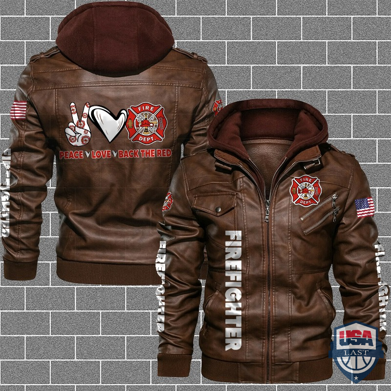 Firefighter Peace Love Back The Red US Flag Leather Jacket