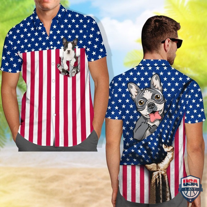 Boston Terrier Middle Finger American Flag Hawaiian Shirt