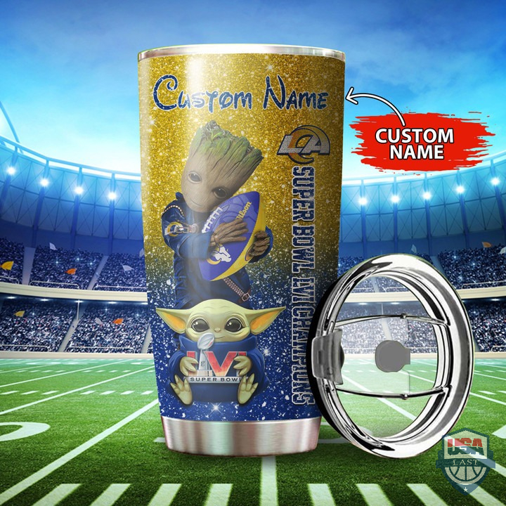 Los Angeles Rams Baby Yoda Groot Super Bowl LVI Champions Custom Name Steel Tumbler