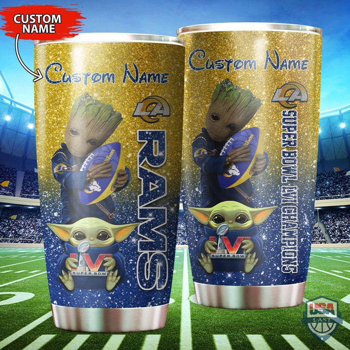 Los Angeles Rams Baby Yoda Groot Super Bowl LVI Champions Custom Name Steel Tumbler