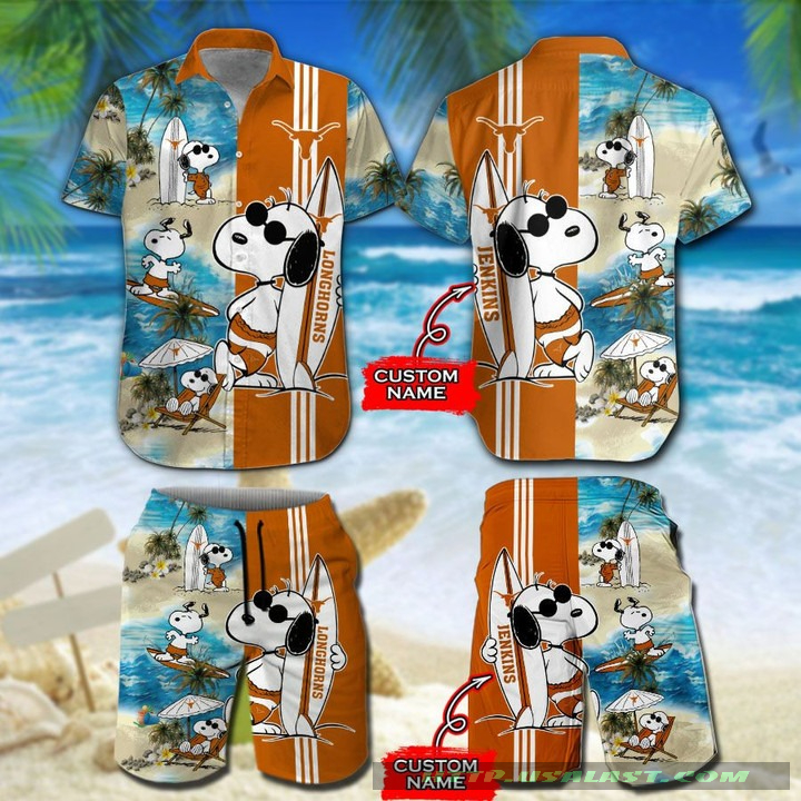 Available Personalized Texas Longhorns Snoopy Surfing Hawaiian Shirt