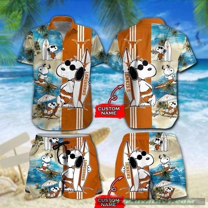 Available Personalized Texas Longhorns Snoopy Surfing Hawaiian Shirt