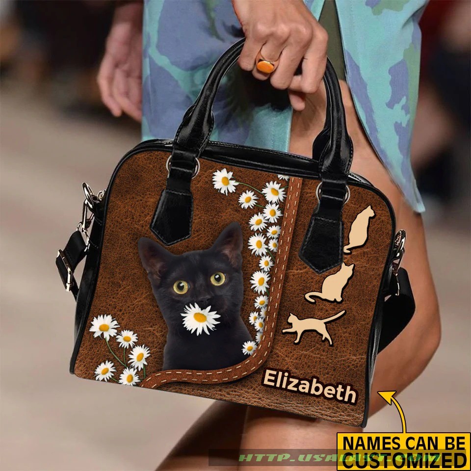 [Trending] Black Cat Leather Pattern Custom Name Shoulder Handbag
