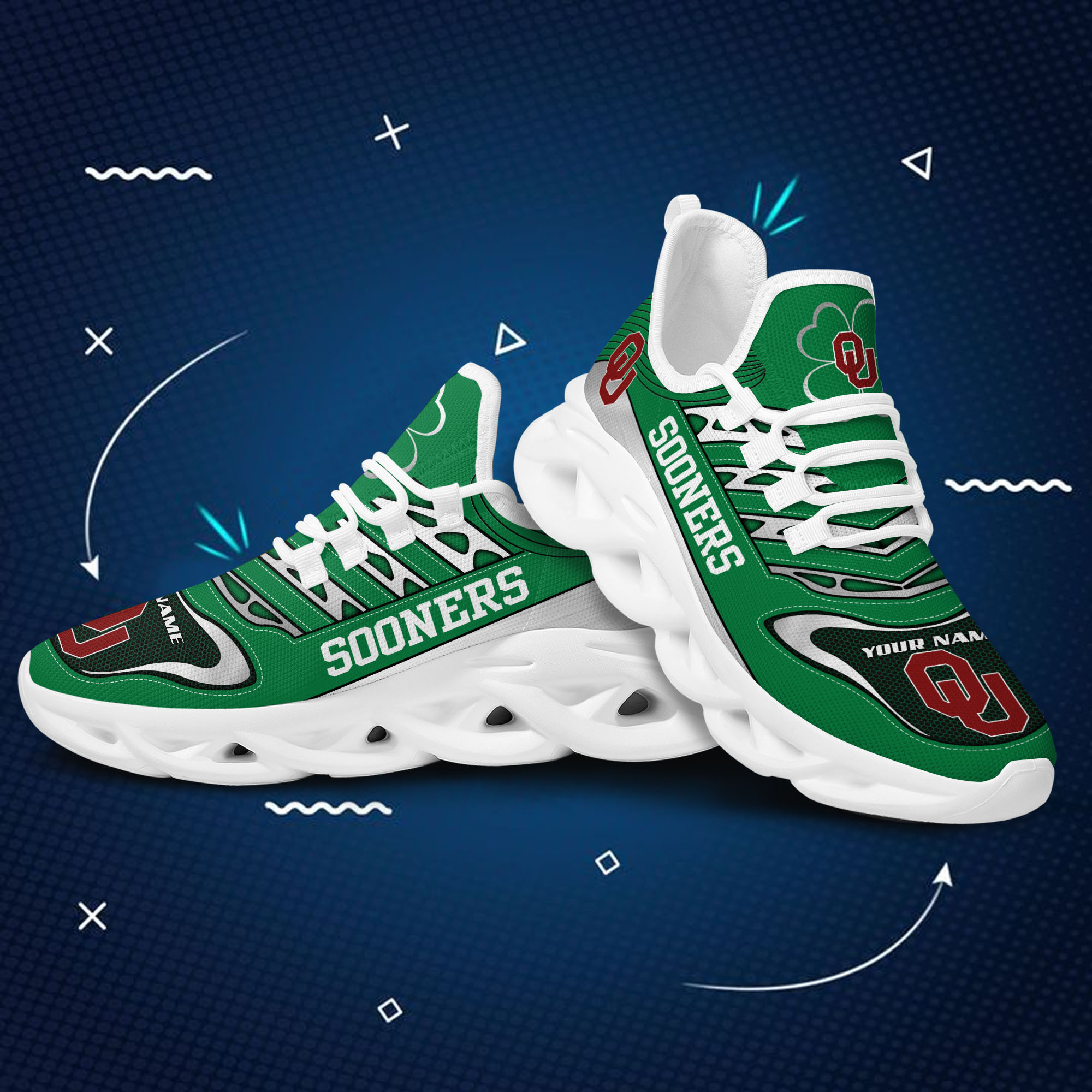 Oklahoma Sooners Ncaa St Patricks Day Shamrock Custom Name Clunky Max Soul Shoes Sneakers For Mens Womens
