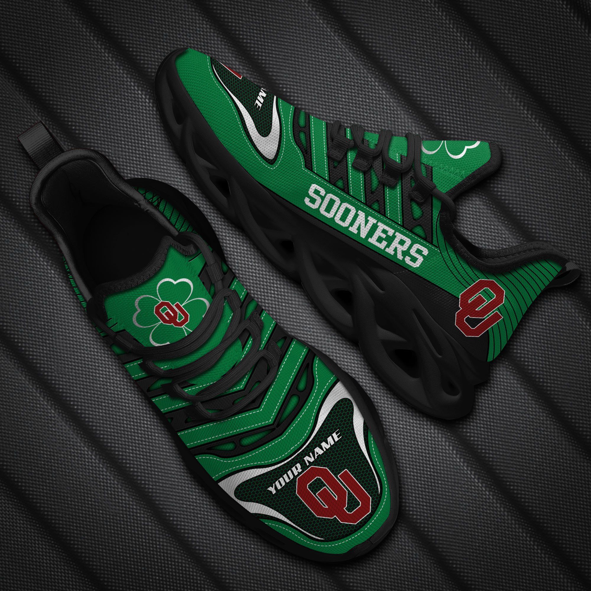 Oklahoma Sooners Ncaa St Patricks Day Shamrock Custom Name Clunky Max Soul Shoes Sneakers For Mens Womens