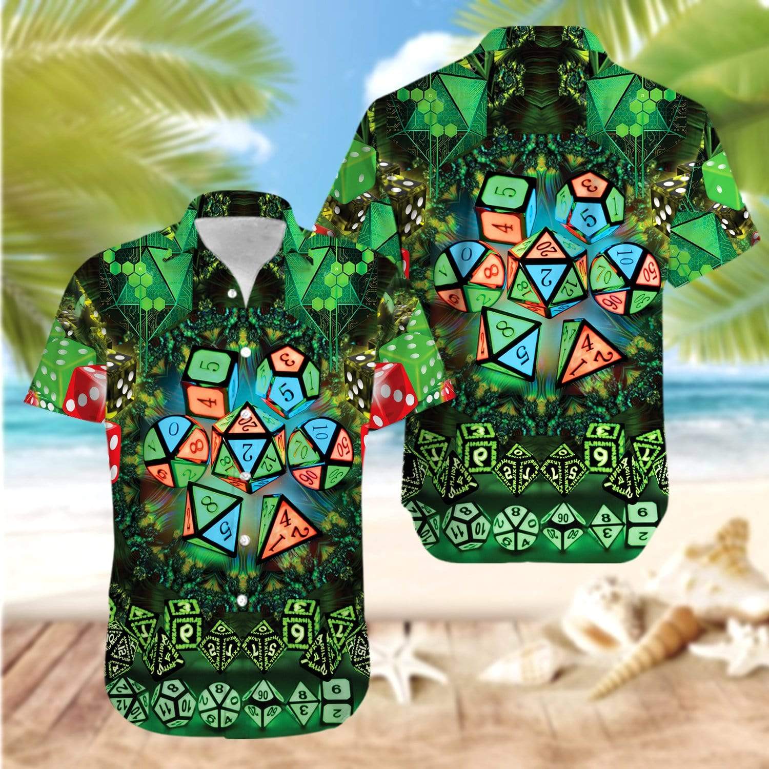Glowing Kaleidoscope Dice Luck Green Hawaiian Aloha Shirt For Men Women