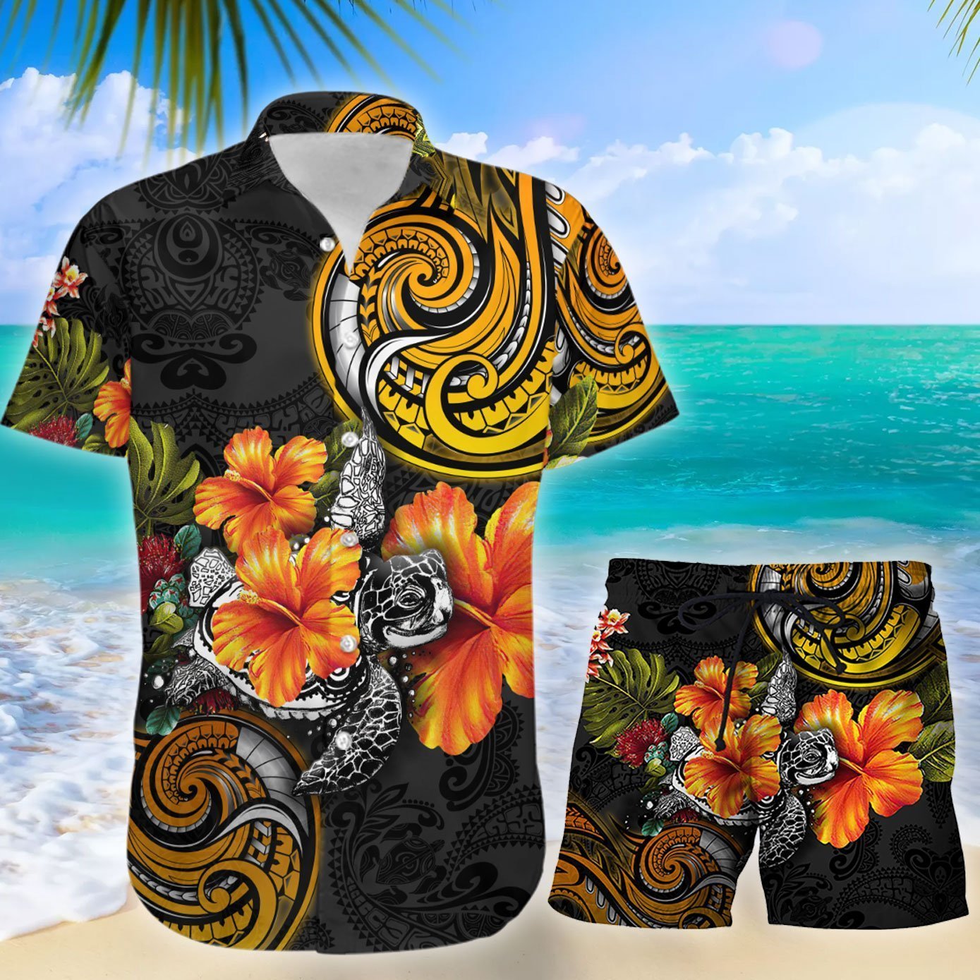 Polynesian Turtle Hibiscus Hawaiian Shirt Set For Men Women