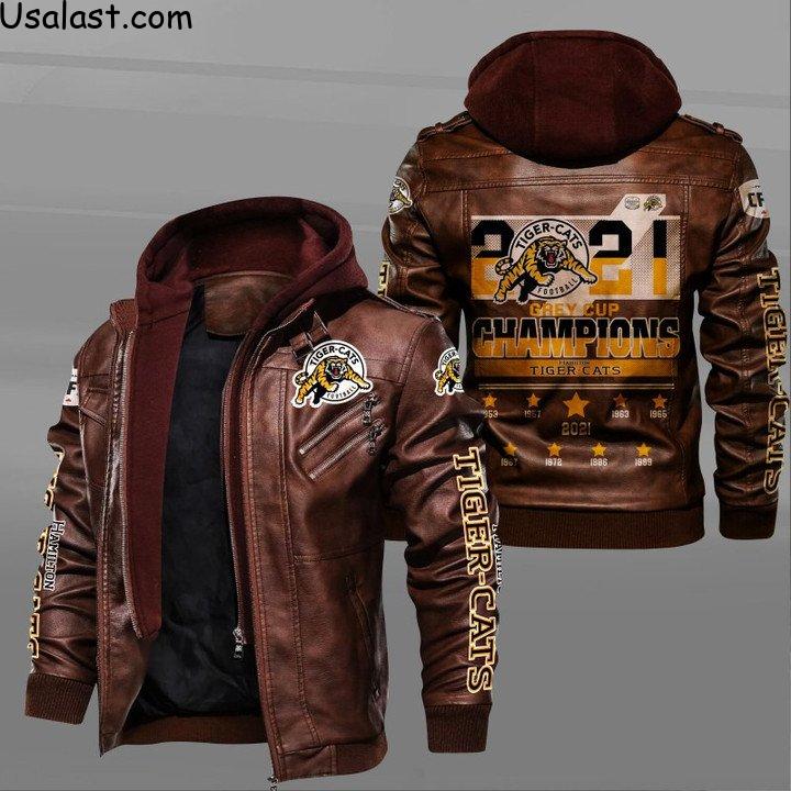 For Fans Hamilton Tiger-Cats Grey Cup 2021 Champions Leather Jacket Style 2