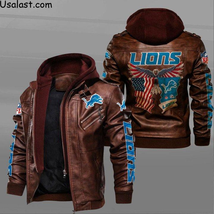 Top Hot Detroit Lions Bald Eagle American Flag Leather Jacket