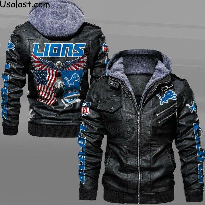 Top Hot Detroit Lions Bald Eagle American Flag Leather Jacket