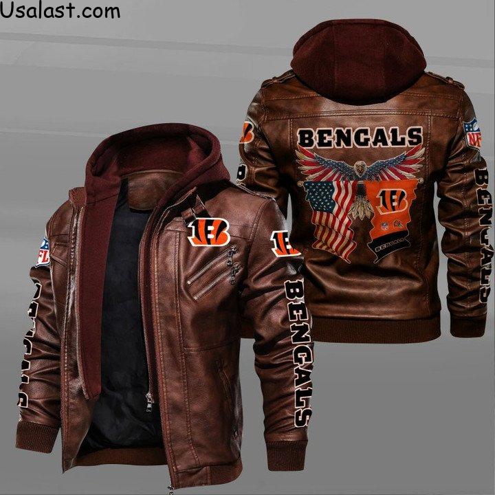 High Quality Cincinnati Bengals Bald Eagle American Flag Leather Jacket
