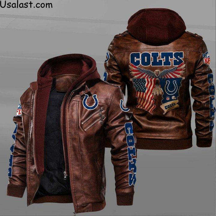Good Quality Indianapolis Colts Bald Eagle American Flag Leather Jacket