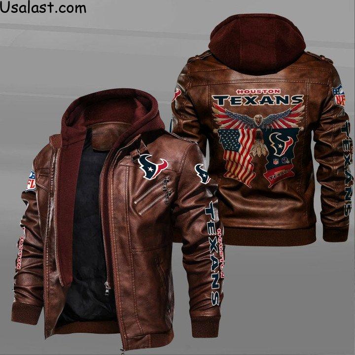 Excellent Houston Texans Bald Eagle American Flag Leather Jacket