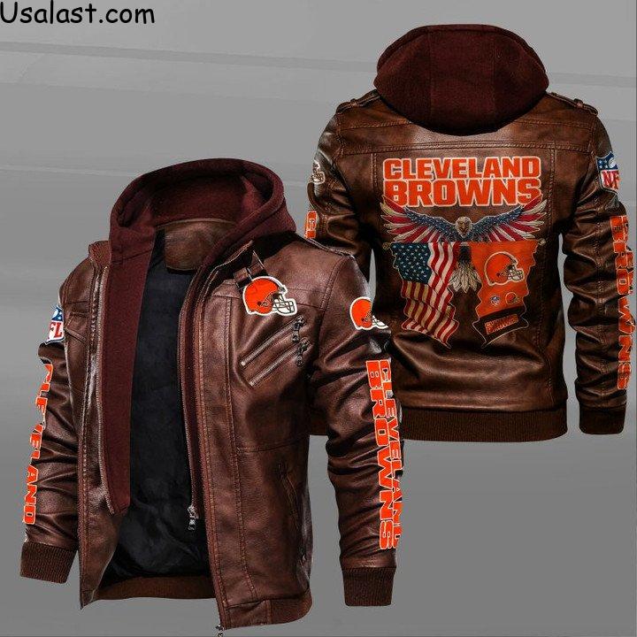 2022 Hot Sale Cleveland Browns Bald Eagle American Flag Leather Jacket