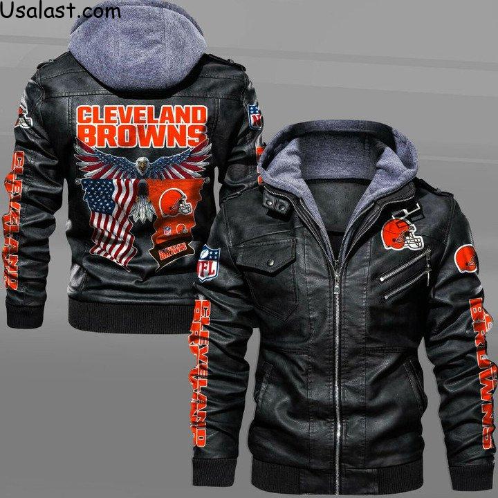 2022 Hot Sale Cleveland Browns Bald Eagle American Flag Leather Jacket