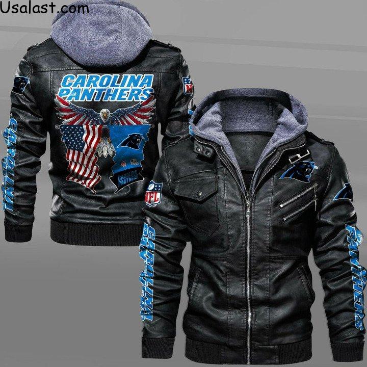 Low Price Carolina Panthers Bald Eagle American Flag Leather Jacket