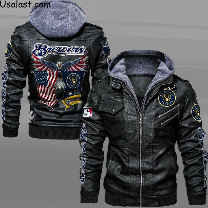 Fabulous Milwaukee Brewers Eagle American Flag Leather Jacket