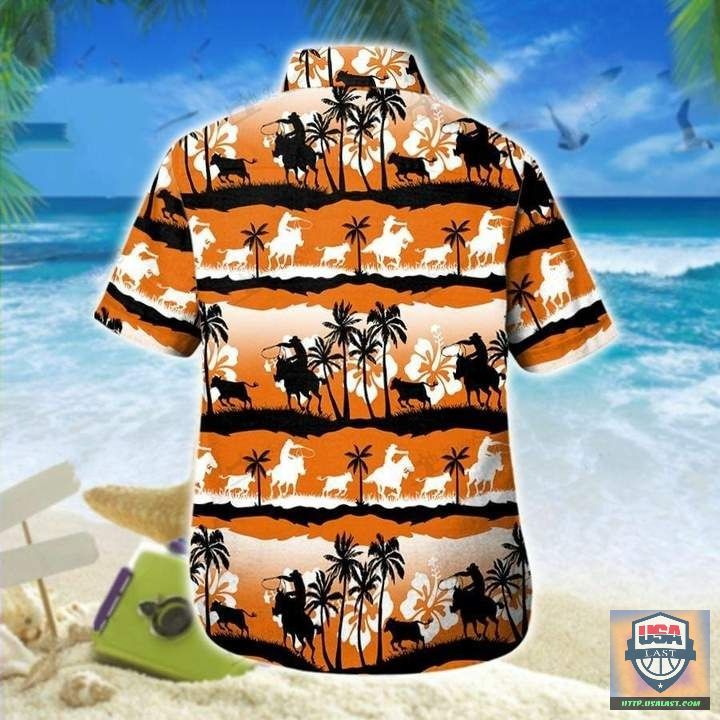 Good Quality Calf Roping Orange Hawaiian Aloha Shirts, Beach Short