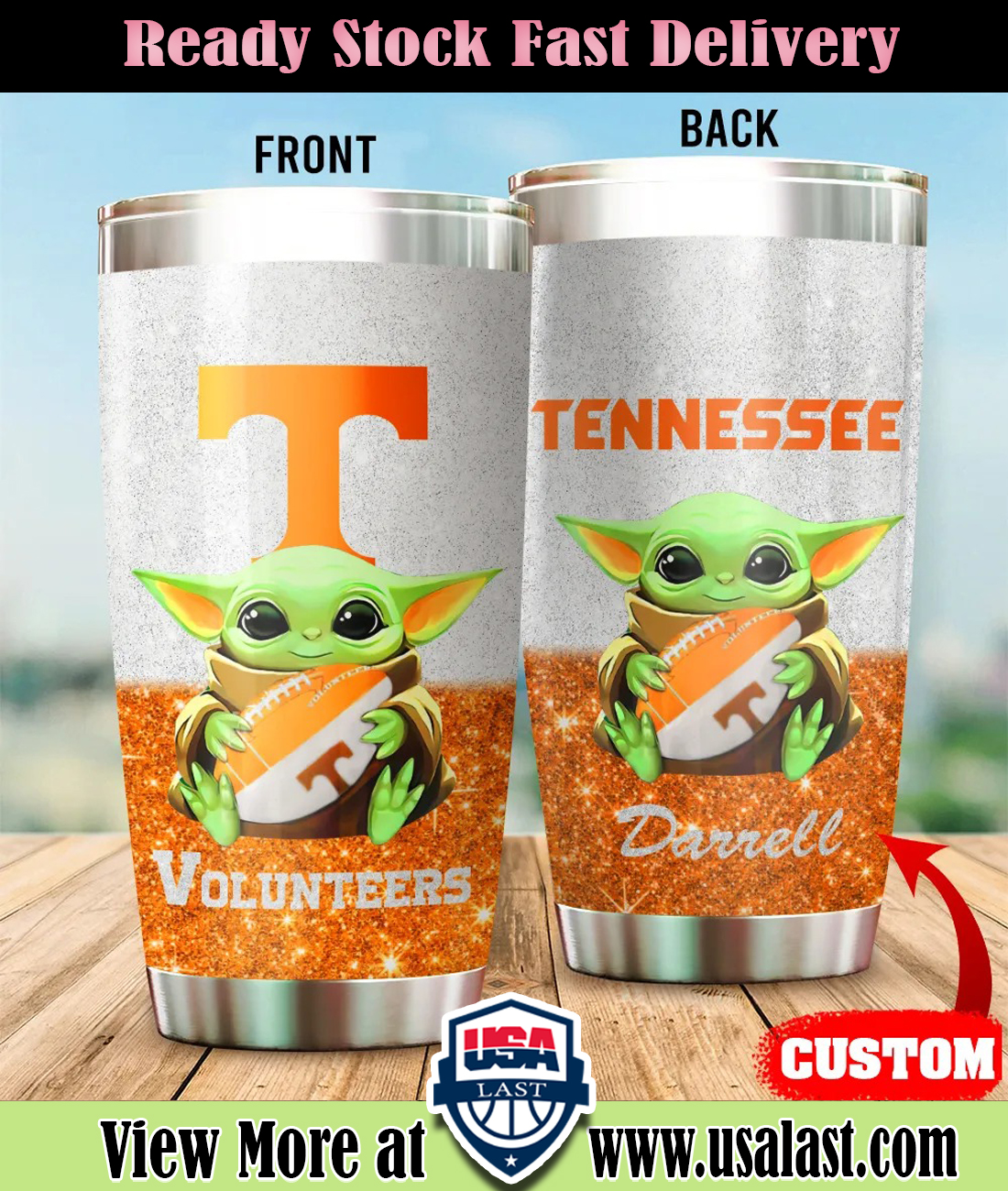 Baby Yoda Tennessee Volunteers Custom Name Tumbler