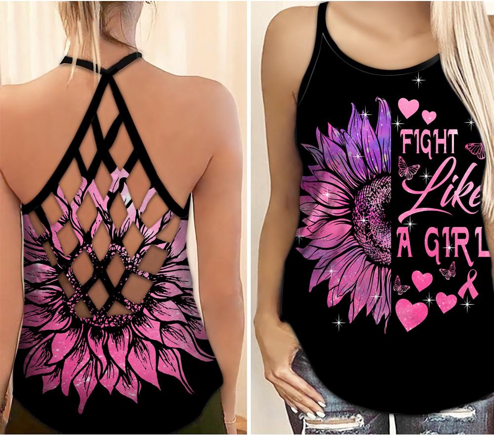 Breast cancer awareness fight like a girl criss cross tank top