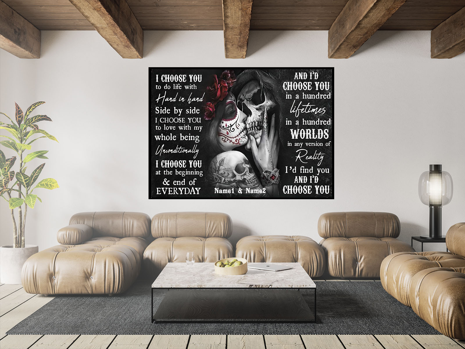 Personalized Couple Skull Skeleton Tattoo Poster