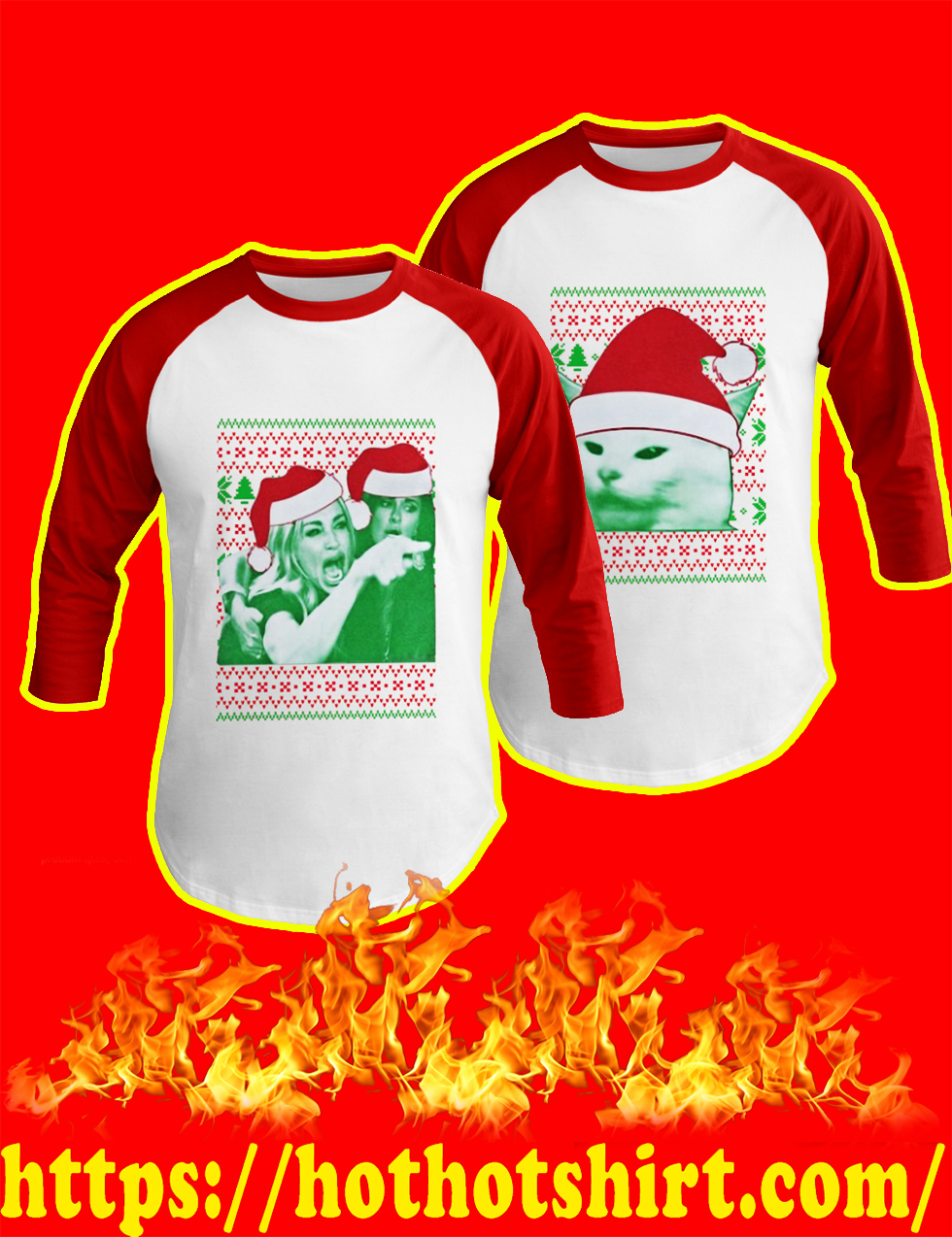 Couple Woman Yelling At Cat Meme Christmas Raglan and Baseball Tee, Sweater and Jumper