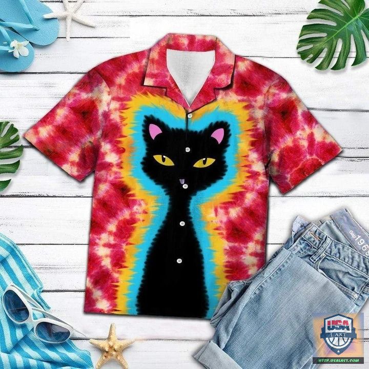 Good Quality Tie-Dye Hippie Black Cat Hawaiian Shirts