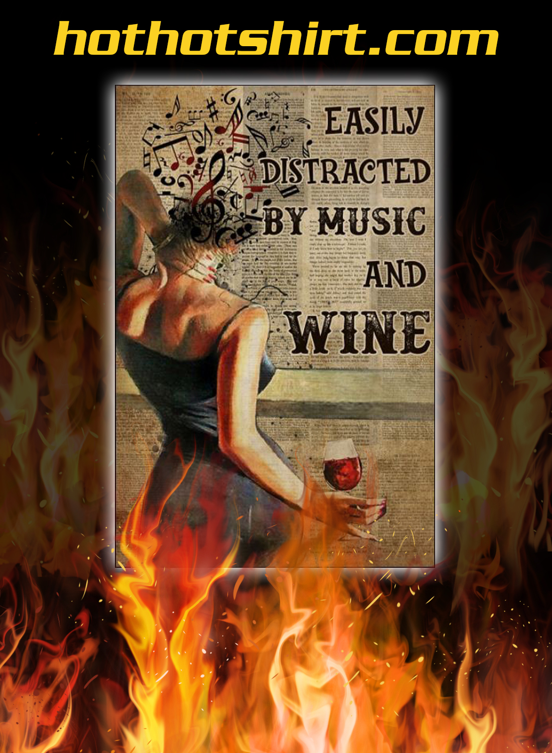 Girl easily distracted by music and wine poster