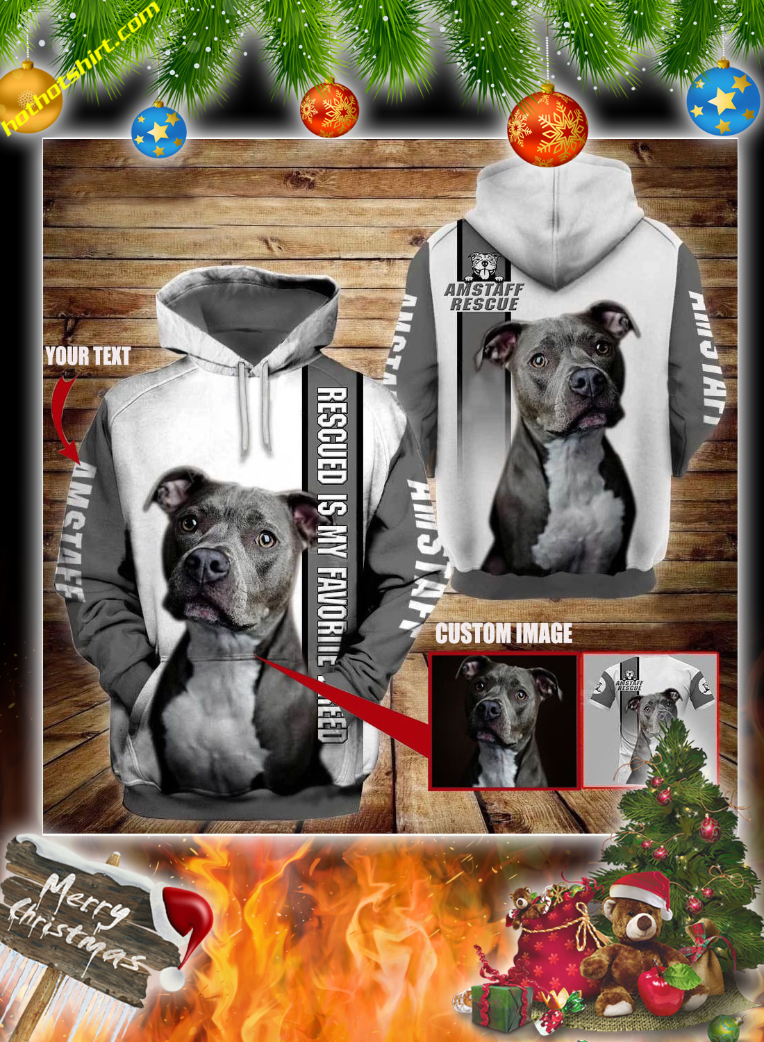 Personalized Pitbull am staff rescue custom image and text 3d hoodie